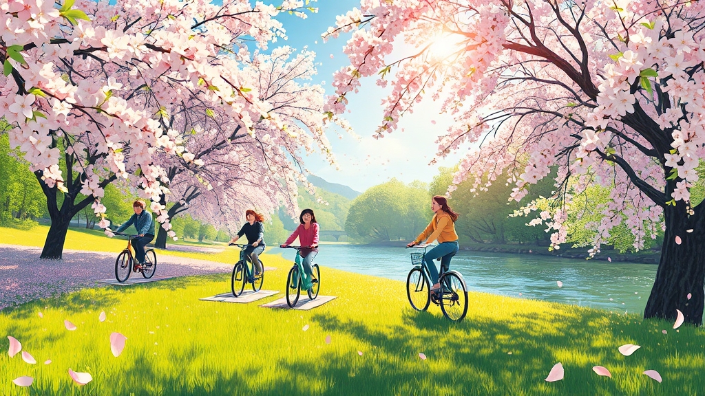 태화강 즐기기: 자전거, 피크닉, 벚꽃 (illustration 스타일)